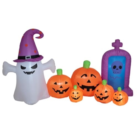 EUROPALMS Halloween Aufblasbare Figur Geist mit Kürbissen, 244cm | Selbstaufblasende Halloweenszene, Geist mit Kürbissen und Grabstein als Dekorationsobjekt