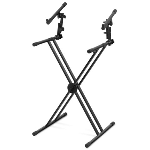 Classic Cantabile 2-fach Doppel-X-Keyboardständer - doppelstrebige Ausführung - 2 Ebenen für 2 Instrumente - Zahnsegmentverschluss für die zweite Ebene - Schwarz
