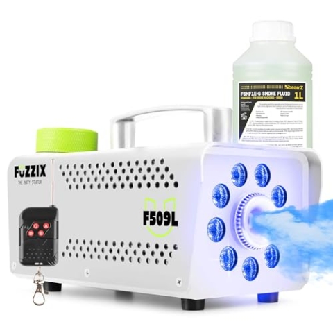 Fuzzix F509LW Nebelmaschine Mini mit LED Lichteffekt und 1L Nebelfluid, 500 Watt mit Fernbedienung, Rauchmaschine Party, Smoke Machine mit 9 LEDs RGB für Hochzeiten, Halloween, Partys, Bars, Weiß