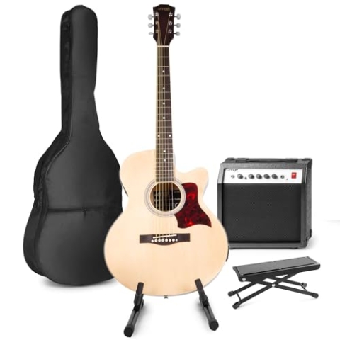 MAX ShowKit Elektrische Akustikgitarre, Akustische E-Gitarrre Set - Gitarrenverstärker 40 Watt, Gitarrenständer, Fußbank, Gitarren-Stimmgerät, Gitarrentasche und Plektrum - Natur