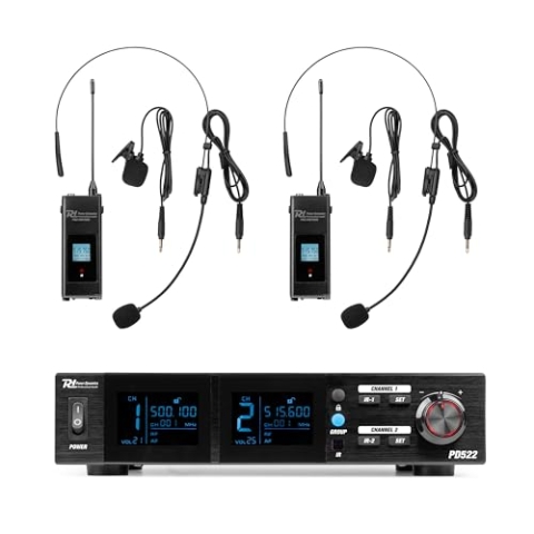 Power Dynamics PD522B UHF Funkmikrofon Set – 2x Bodypack mit Display, 2x Headset Mikrofon & Lavalier Mikrofon Kabellos – Wireless Microphone für Bühne, DJ & Karaoke, Drahtloses Mikrofon inkl. Case