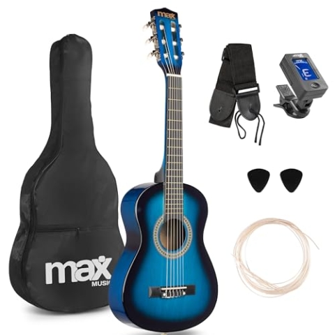 MAX SoloArt - 1/4 Gitarre Kinder ab 3 Jahre - Akustik Gitarre inkl. Tasche, Plektrum, Gurt und Saiten-Zubehör, Kindergitarre 3 Jahre, Guitar in Blau