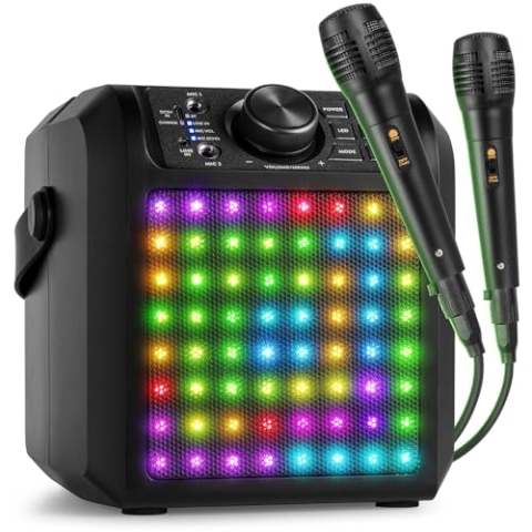 Fenton KAR55B – Musikbox Kinder Karaoke Anlage mit 2 Mikrofonen, LED- Matrix Panel, Bluetooth, 10 Std. Akku, 50 Watt Leistung, AUX-Anschluss, Portable Karaoke Maschine Kinder in Schwarz