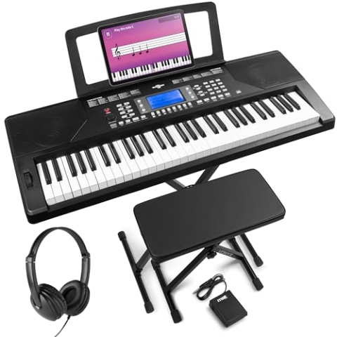 MAX Rhapsody61P - MIDI Keyboard Piano mit 61 Tasten und Pitch-Wheel, Keyboard mit Ständer, Kopfhörer & Sustain Paddle, Anschlagdynamik, LCD Display, Lern-Funktion, 8h Akku, 40 Demosongs, 300 Sounds