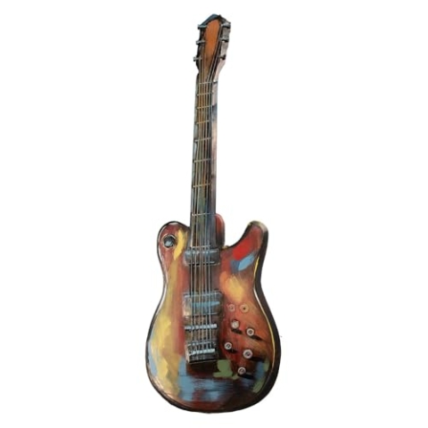 Clayre & Eef 3D Metallgemälde Gitarre 28x83 cm Orange Metall