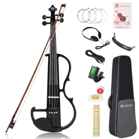 Vangoa 4/4 Elektrische Violine E Geige aus Massivem Holz Electric Stille Violine in Volle Größe mit Kolophonium, Tragetasche, Audiokabel, Schulterstütze, Bogen, Schwarz