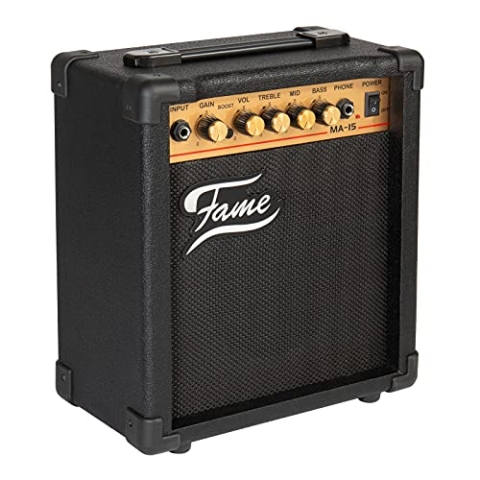 Fame MA-15 Transistor Combo Verstärker für E-Gitarre, 15 Watt, 1x6,5 Zoll Lautsprecher, 3-Band Equalizer, Overdrive-Sounds Boost-Schalter, Kopfhöreranschluss, Ideal für Unterricht und Bandproben