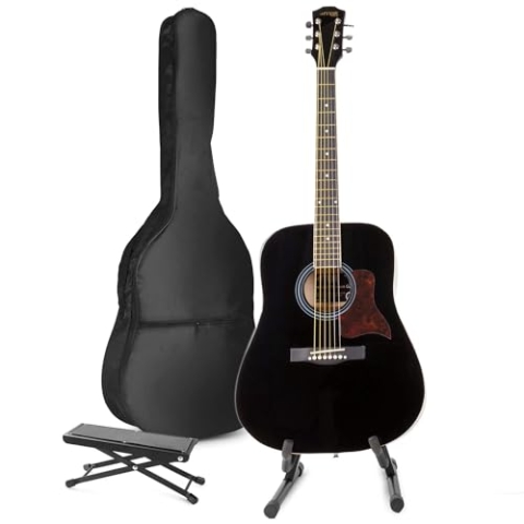 MAX SoloJam Akustik Gitarre Set - Westerngitarre, Gitarrenständer, Fußstütze, Gitarrentasche, Plektrum, Gitarrenstimmgerät, Schultergurt, Saiten, Gitarren-Starterset mit Zubehör - Schwarz