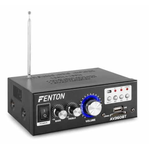 Fenton AV360BT Mini Verstärker mit Bluetooth, 2x40 Watt, MP3-Player Fernbedienung USB/SD FM-Radio Receiver - Kompakter Hi-Fi-Mini-Verstärker Stereo für Zuhause - Schwarz