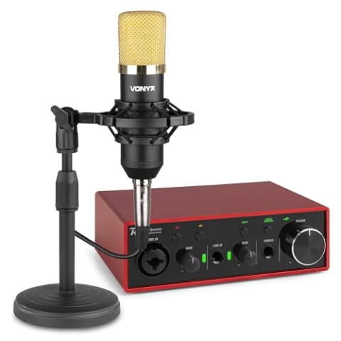 Vonyx CM400 Podcast Mikrofon Set mit Audio Interface – Kondensator-Mikrofon + PDX11 USB Audiointerface – für PC, Streaming, Gaming, ASMR, Gesang, Podcast - Recording-Equipment - Schwarz