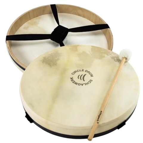 Schlagwerk RTC49 Rahmentrommel Circle Drum -Handtrommel mit Gurt-Haltekreuz - ⌀ ca. 50 cm / 20 Zoll / 6 cm hoch - Frame Drum mit Ziegenfell - Buchenholz - Schamanentrommel mit Schlägel