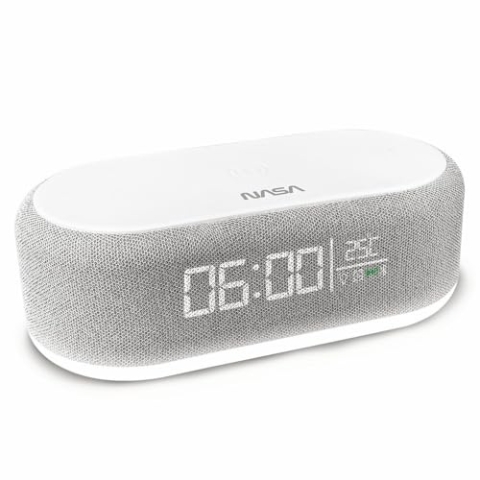 Nasa Wecker SPC400 – Radiowecker, Bluetooth-Lautsprecher, Lautsprecher 5 W x 2, kabelloses Laden 15 W, Nachtlicht, Lithium-Akku, USB-C-Kabel im Lieferumfang enthalten – Grau