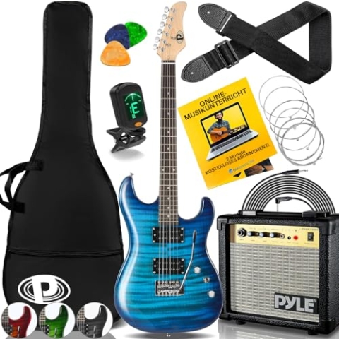 Pyle E-Gitarre mit Verstärker – E Guitar für Anfänger & Fortgeschrittene – Elektrische Gitarre Set inkl. Tasche, Kabel, Stimmgerät, Ersatzsaiten, Schultergurt & Plektren – Geeignet als Reisegitarre