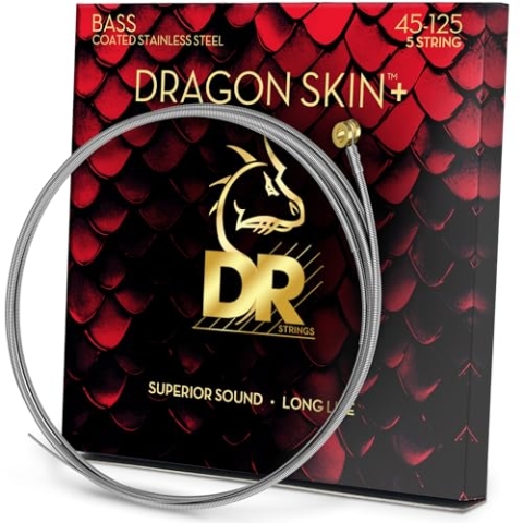 DR Strings DRAGON SKIN+ (DBS5-45) – Saiten für E-Bass, 5-Saiter Set, Stainless Steel, Round Core, Medium 45-125 - Handgefertigt in den USA