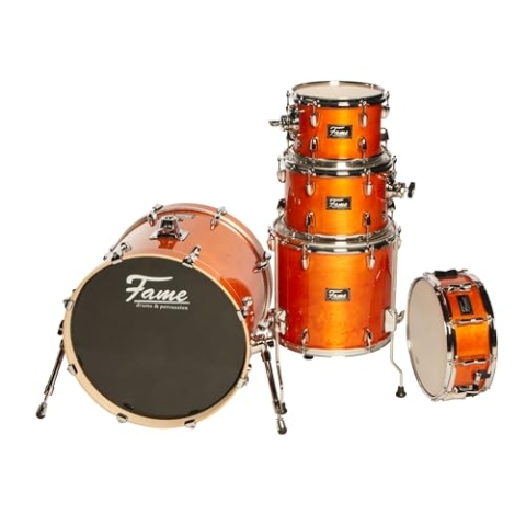 Fame Stage Series Studio Shell Set, 20" BassDrum, 6-Layer Birch Shells, Satin Amber, Chrome Hardware, Free-Swinging Tom Mount, Includes Tom Holder, Premium Drum Kit"