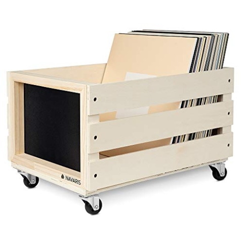 Navaris Holz Schallplatten Kiste mit Kreidetafel - mit Rädern - 42,9 x 34,4 x 28 cm - für bis zu 80 LPs - Vinyl Aufbewahrung Holzkiste - Natur