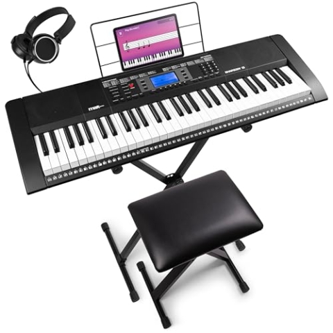 MAX Rhapsody61 - Keyboard Piano, 61 Tasten E Piano, mit Kopfhörer, Keyboard Ständer und Klavierhocker, LCD Display, 50 Demo Songs, Piano Keyboard, Lern-Funktion, 300 Klangarten - Komplett Set