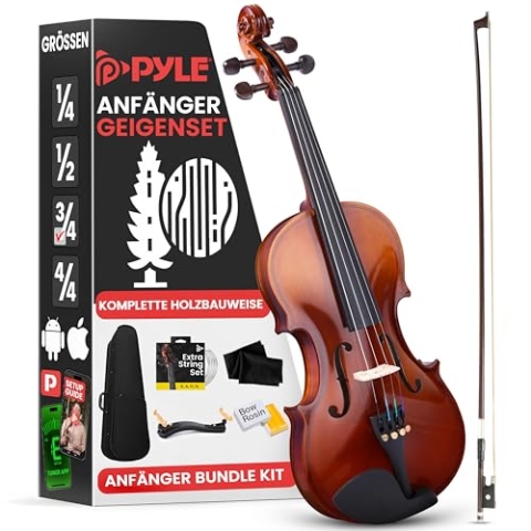 Pyle Instrument Violine 3/4 aus Holz – Geige 3/4 für Kinder ab 9 Jahren – Set mit Violin Bogen, Geigenkoffer, Schulterstütze, Stimmgerät, Kolophonium & Ersatzsaiten – für Anfänger & Fortgeschrittene