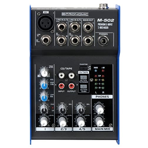 Pronomic M-502 Live/Studio Mischpult (1 Mono-Kanäle XLR/Klinke, 2-Stereo Kanäle, 3-Band-EQ, 48V Phantomspeisung)