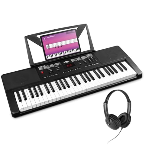 MAX Rhapsody54 - Keyboard Piano mit Notenhalter für Anfänger, 54 Tasten Keyboard mit Kopfhörer, Lautsprecher, Display, 50 Demo Songs, Piano Keyboard, Lern-Funktion, 600 Klangarten, 8 Percussion Sounds