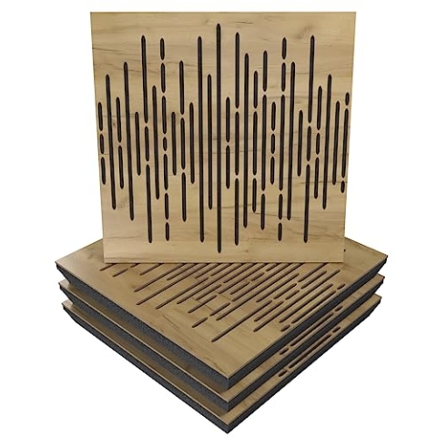 Akustikplatte, Motiv: Wave, 4 Stück, Schallabsorption, 50 x 50 x 5 cm, Absorption, Diffusion, Reflexion, Schalldämmung, Isolierung, Holz, perforiert, laminiert: Wave, Eiche