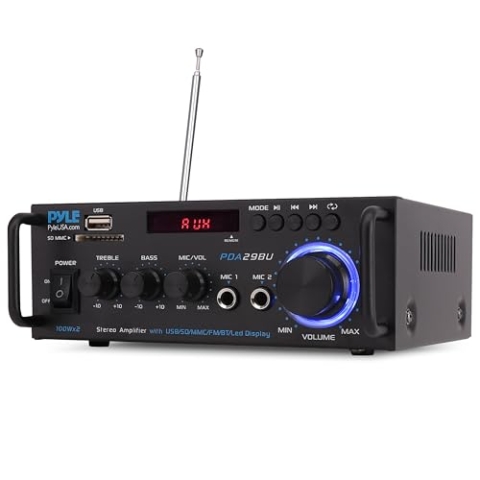 Pyle Verstärker, 200W- Stereo Verstärker, Amplifier- mit 2 Kanäle, Bluetooth Audio Receiver- mit RCA, USB, SD, MIC-Eingang, FM-Radio, Bass & Höhenanpassung, Für Zuhause, Auto, Studio & Heimkino