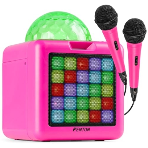 Fenton KAR15P Mobile Karaoke Maschine Kinder mit 2 Mikrofonen, Bluetooth, Akku, LED-Lichteffekte, Echo-Modi & AUX-Eingang - Tragbare Karaoke Box mit USB-C-Kabel, ideal für Partys & Duette - Pink