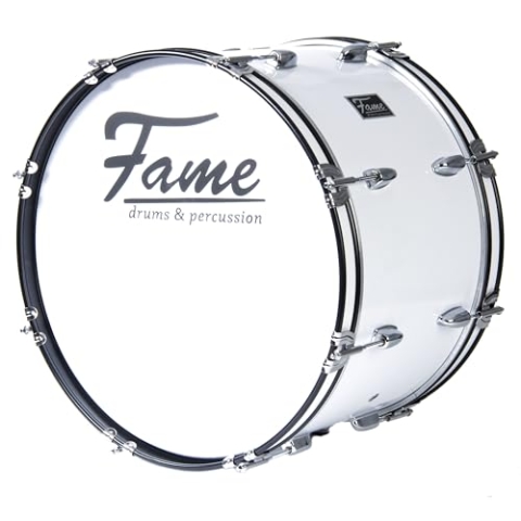 Fame Marching Bass Drum, 24"x12", Leicht, Hochwertig, mit Tragegurt & Beater, 7-Lagen Lindenholz Kessel, Schaumstoff-Dämpfringe, inklusive Stimmschlüssel, Ideal für Einsteiger"