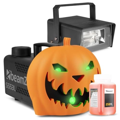 BeamZ S553L Nebelmaschine Halloween Deko mit LED Kürbis Kopf, 550 Watt Rauchmaschine mit Stroboskop Blitzer, 2-in-1 mit Halloween Kürbis Deko, 16 Farben Lichteffekt, Soundeffekt Nebelmaschine Mini