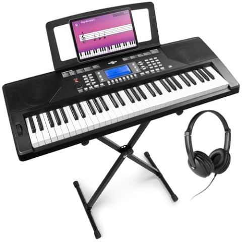 MAX Rhapsody61P - MIDI Keyboard Piano mit 61 Tasten und Pitch-Wheel, Keyboard mit Ständer und Kopfhörer, Anschlagdynamik, LCD Display, Lern-Funktion, 8h Akku, 40 Demosongs für Anfänger, 300 Sounds