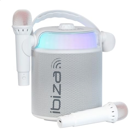 Ibiza - KARAHOME-WH - Batteriebetriebener Karaoke-Lautsprecher mit Zwei drahtlosen Mikrofonen (batteriebetrieben) - Bluetooth, USB, MicroSD, USB, AUX und Coax - Weiß