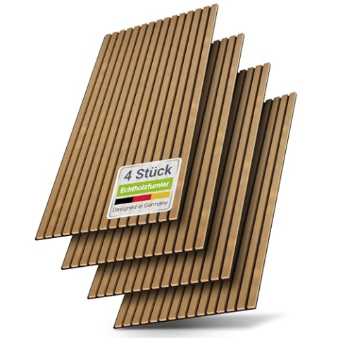 Juskys Wandpaneele Akustik 4er Set 2,88 qm - 120x60 cm, Akustikpaneele - Reduziert Hall & Lärm - Eiche Natur Dunkel
