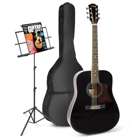 MAX SoloJam Akustik Gitarre Set - Westerngitarre, Notenständer, Gitarrentasche, Plektrum, Gitarrenstimmgerät, Schultergurt, Saiten, Gitarren-Starterset mit Zubehör - Schwarz