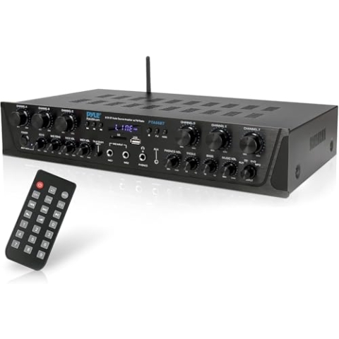 Pyle 500W- Bluetooth Verstärker, Mini Verstärker, Amplifier, Stereo Receiver- 4 Kanal AUX, FM- Radio, RCA- Subwoofer, USB, Mic- Eingang mit Echo, Audio Verstärker- Perfekt für Heimkino & Studio