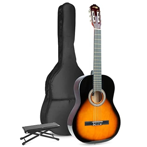 MAX SoloArt Konzertgitarre 4/4, Akustik Gitarre für Anfänger mit Tasche, Fußstütze, Stimmgerät, Plektrum, Gurt und Zubehör, Acoustic Guitar, Akustikgitarre in Sunburst