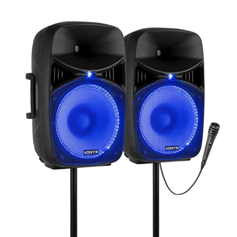 VONYX VPS102A - PA Lautsprecher Aktiv Set, Party Box Bluetooth mit Stativ, 2x Kabelloses Mikrofon, PA Anlage Komplettset, 10 Zoll, Party LEDs, USB, MP3, DJ Boxen, DJ Set Komplett, Partybox 600 Watt
