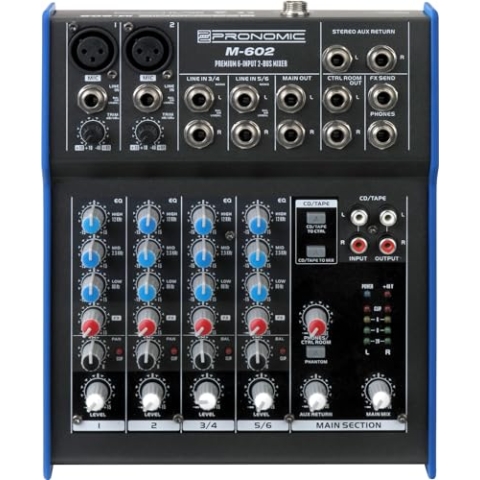 Pronomic M-602 Live/Studio Mischpult (2 Mono-Kanäle XLR/Klinke, 2-Stereo Kanäle, 3-Band-EQ, 48V Phantomspeisung)