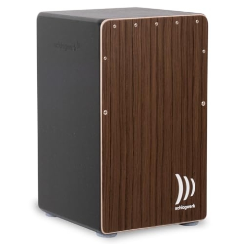Schlagwerk CP90 Cajon Rudiments Vintage Walnut Large - Cajon Instrument mit zwei Snare Teppichen 50 x 30 x 30 cm - schwarze Seiten und Front mit Wahlnussholz Designfurnier - Made in Germany