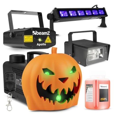 BeamZ S553L Nebelmaschine Halloween Deko mit LED Kürbis Kopf, 550 Watt Rauchmaschine mit 170 mW Party Laser, Stroboskop Blitzer und UV Lampe, 2-in-1 mit Halloween Kürbis Deko 16 Farben, Soundeffekt