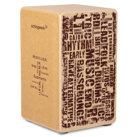 Schlagwerk CP86 Cajon Rudiments Styles Medium - Cajon Instrument mit zwei Snare Teppichen 45 x 30 x 30 cm - Naturholz Birke mit stylischem Designaufdruck auf der Front - Made in Germany