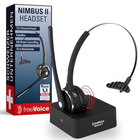 freeVoice Nimbus II Mono NC I Kopfhörer Noise Cancelling bis 13 h Gesprächszeit I Kabellose Kopfhörer mit Mikrofon I Bluetooth Headset mit Reichweite bis 10 m I Business Headset für Büro