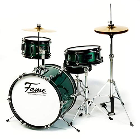 Fame 3 PC Drumset Green, Schlagzeug mit Bass Drum, Tom, Snare, Hardware und Hocker, inklusive Zubehör und Drumsticks