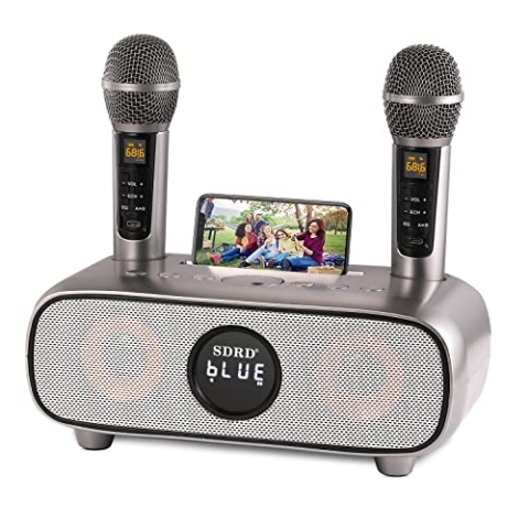Karaoke Maschine,Bluetooth Karaoke Anlage für Erwachsene und Kinder, Tragbares PA-System mit 2 Mikrofonen,Lautsprecher mit Handyhalter/USB/TF-Karte/AUX-In,für Heimparty,Picknick,Outdoor/Indoor(Grau)