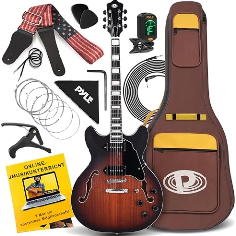 Pyle E Gitarre Set mit Cutaway– Jazz Electric Guitar Set with Cutaway, E Gitarre Set mit E Gitarren Verstärker, Gitarren Tasche, Tonabnehmer, Stimmgerät, Kabel, Gurt & Saiten. E-Gitarren für Anfänger
