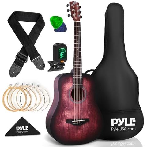 Pyle Akustikgitarren-Starter-Pack, 86,4 cm, ½ Junior-Größe 6, Lindenholz, rotes Burst-Design mit Zubehörtasche, Stahlsaiten, Nylongurt, Stimmgerät, Plektren, für Anfänger, rechts, PGA820