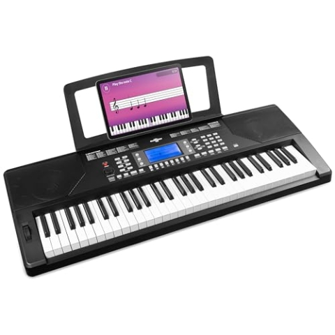 MAX Rhapsody61P MIDI Keyboard Piano mit 61 Tasten und Pitch-Wheel, Keyboard mit Anschlagdynamik, LCD Display, 8H Akku, 40 Demos, Piano, Lern-Funktion, 300 Sounds, 8 Percussion, Schwarz