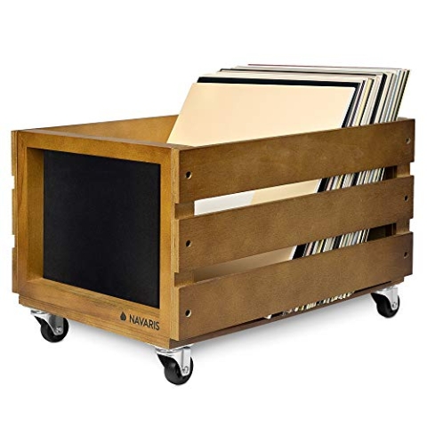 Navaris Holz Schallplatten Kiste mit Kreidetafel - mit Rädern - 42,9 x 34,4 x 28 cm - für bis zu 80 LPs - Vinyl Aufbewahrung Holzkiste - Braun