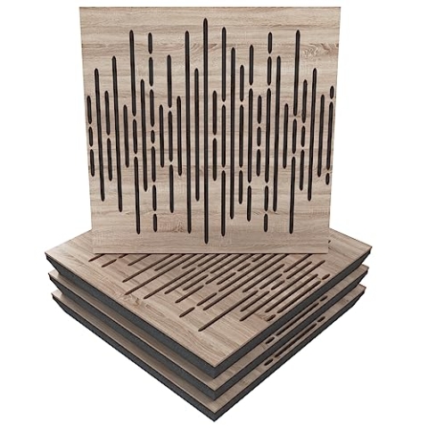 Akustikplatte, Motiv: Wave, 4 Stück, Schallabsorption, 50 x 50 x 5 cm, Absorption, Diffusion, Reflexion, Schalldämmung, Isolierung, Holz, perforiert, laminiert: Wave, Sonoma