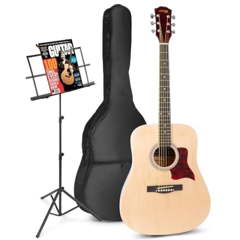 MAX SoloJam Akustik Gitarre Set - Westerngitarre, Notenständer, Gitarrentasche, Plektrum, Gitarrenstimmgerät, Schultergurt, Saiten, Gitarren-Starterset mit Zubehör - Natur