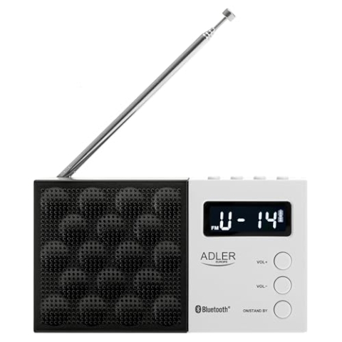 Adler AD 1908 Tragbares Digitalradio, erweiterter PLL-Tuner, FM mit Bluetooth, LCD-Display, herausnehmbarer Akku mit 800 mAh, Alarm, Teleskopantenne, Schwarz und Weiß